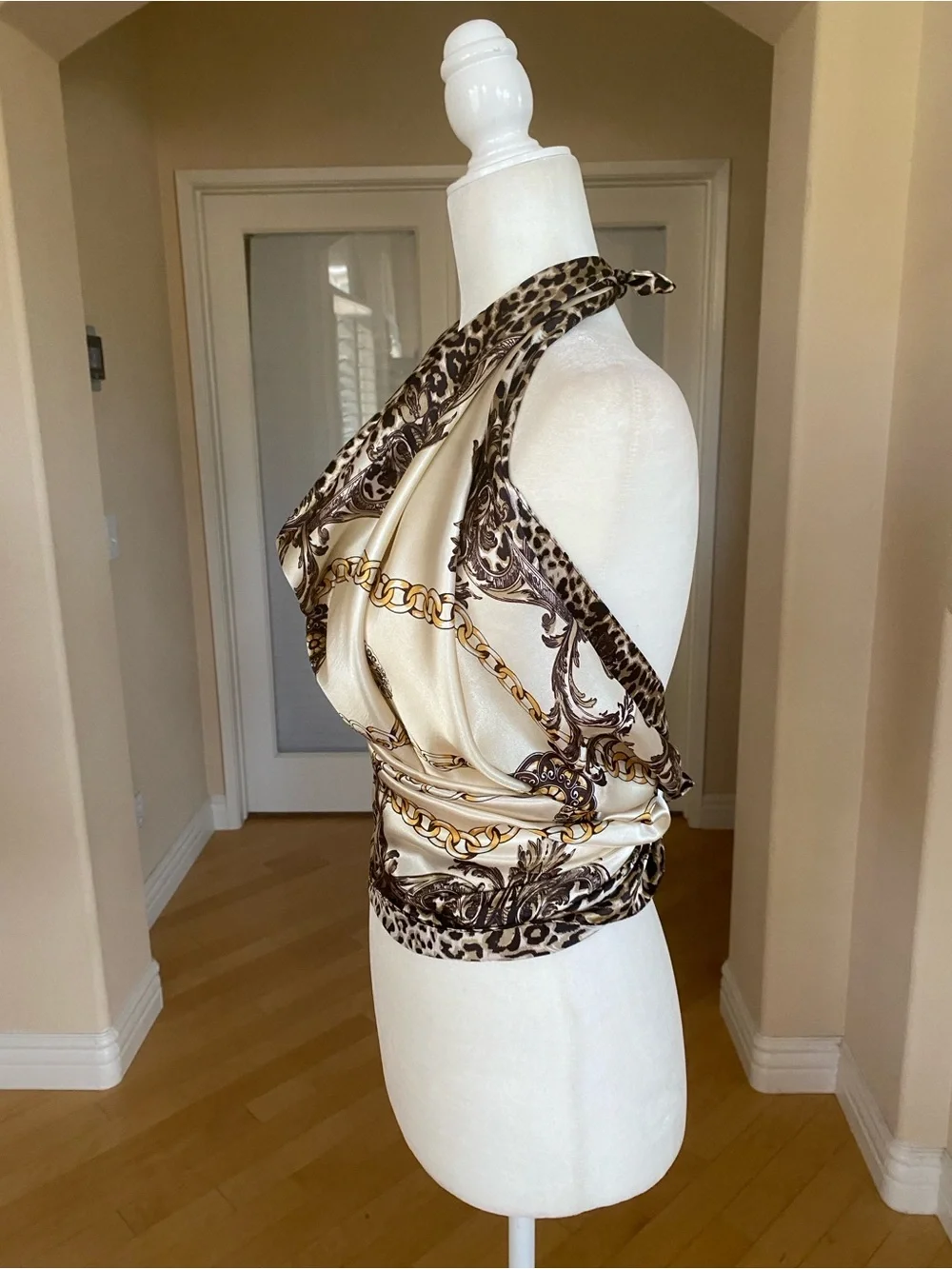 Cream Brown Gold Chain Medallion Print Scarf Wrap Top